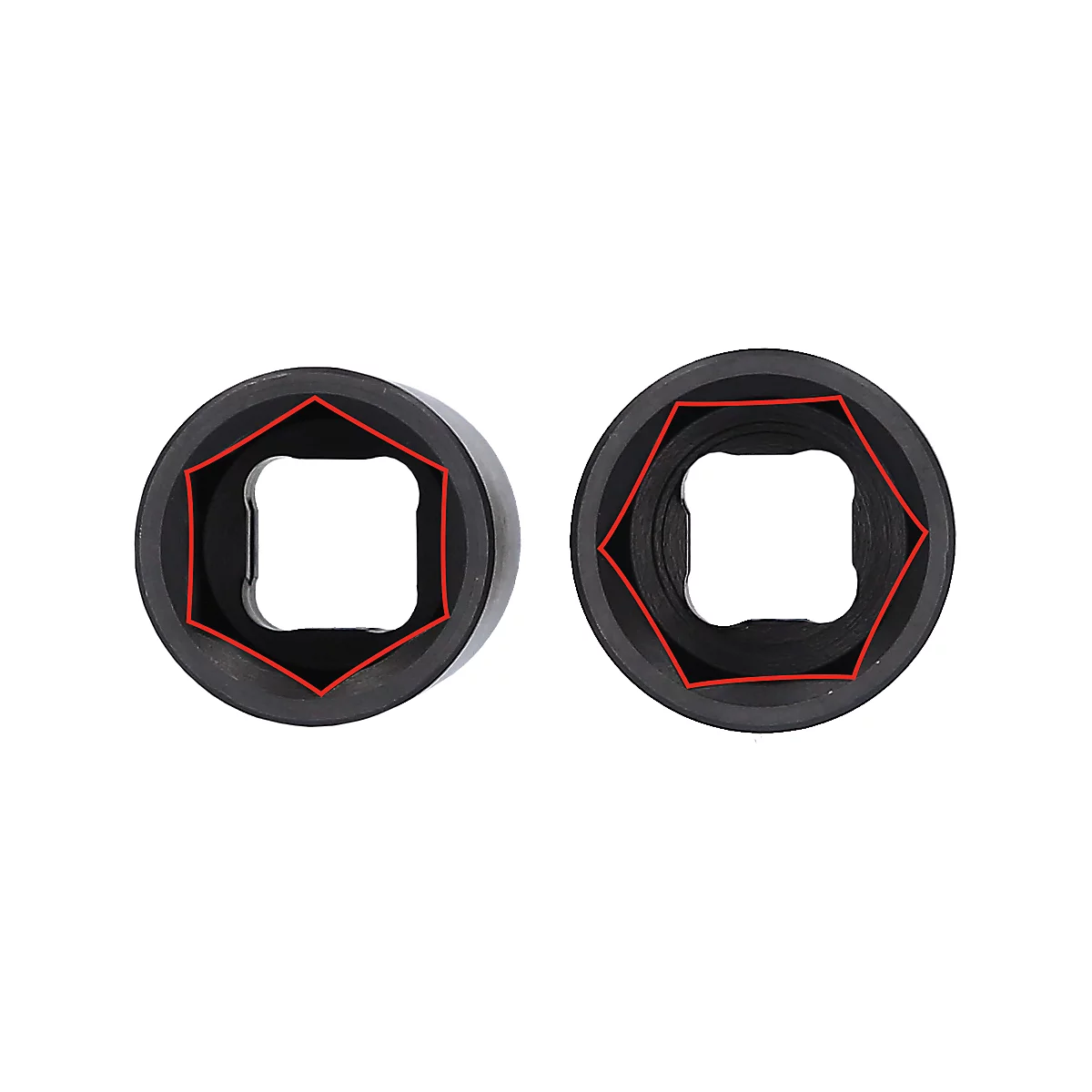 Deux douilles noires avec un contour rouge, montrant le profil intérieur.